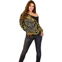 Viking Warrior Guardian Quote Off Shoulder Sweater Runic Circle Odin Ravens Mythology Dark Gold