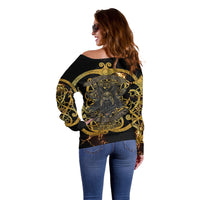 Viking Warrior Guardian Quote Off Shoulder Sweater Runic Circle Odin Ravens Mythology Dark Gold