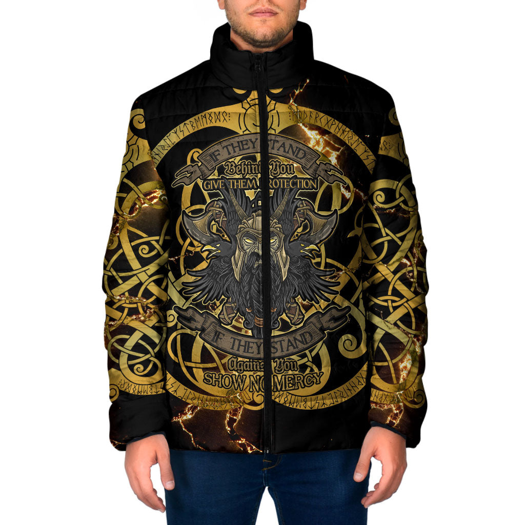 Viking Warrior Guardian Quote Padded Jacket Runic Circle Odin Ravens Mythology Dark Gold
