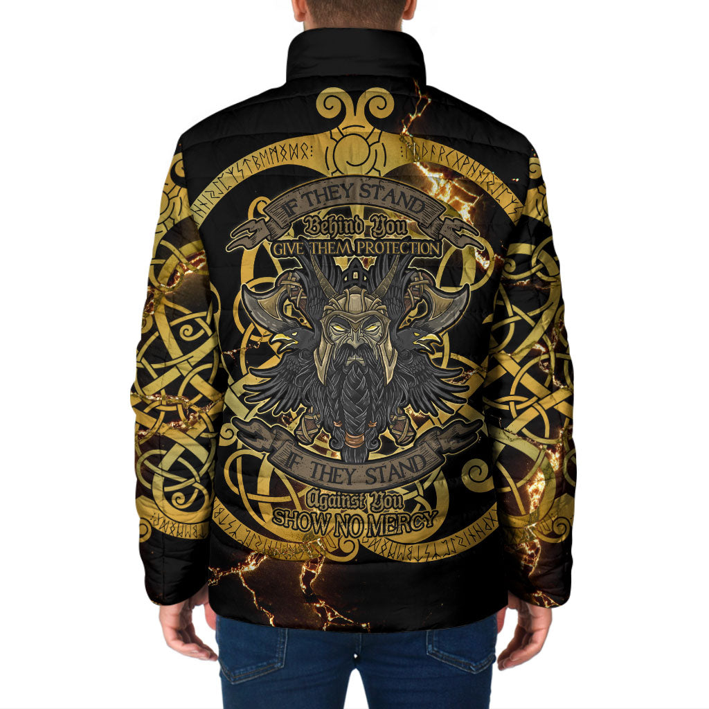 Viking Warrior Guardian Quote Padded Jacket Runic Circle Odin Ravens Mythology Dark Gold