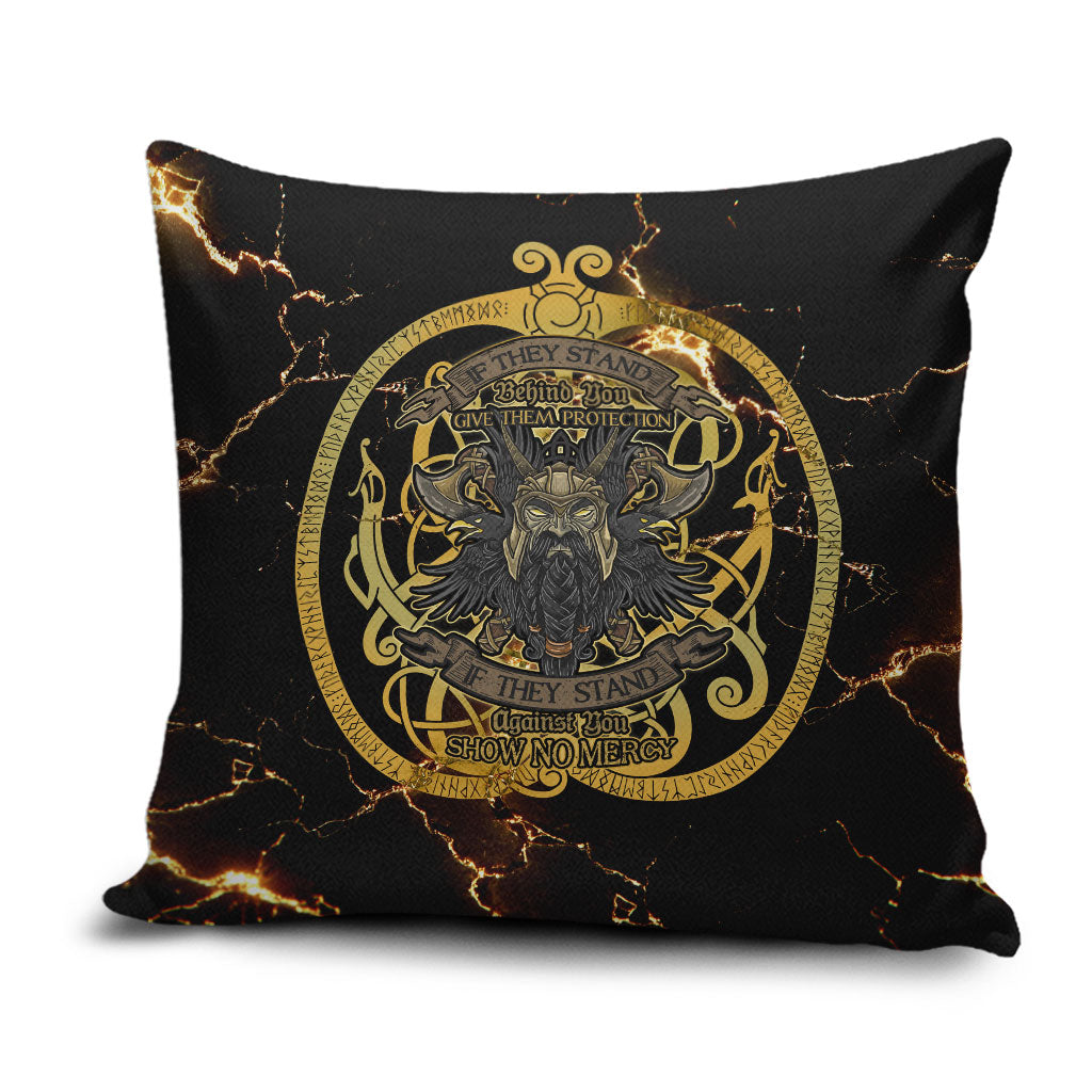 Viking Warrior Guardian Quote Pillow Cover Runic Circle Odin Ravens Mythology Dark Gold