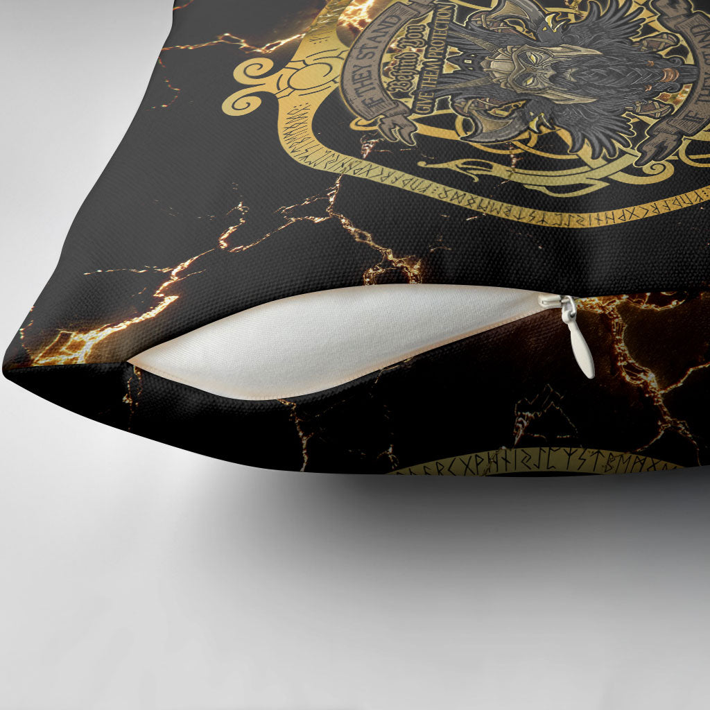 Viking Warrior Guardian Quote Pillow Cover Runic Circle Odin Ravens Mythology Dark Gold