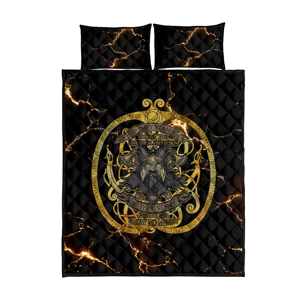 Viking Warrior Guardian Quote Quilt Bed Set Runic Circle Odin Ravens Mythology Dark Gold