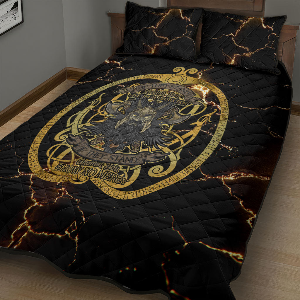 Viking Warrior Guardian Quote Quilt Bed Set Runic Circle Odin Ravens Mythology Dark Gold