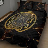 Viking Warrior Guardian Quote Quilt Bed Set Runic Circle Odin Ravens Mythology Dark Gold
