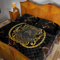 Viking Warrior Guardian Quote Quilt Bed Set Runic Circle Odin Ravens Mythology Dark Gold