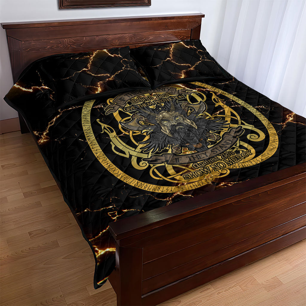 Viking Warrior Guardian Quote Quilt Bed Set Runic Circle Odin Ravens Mythology Dark Gold