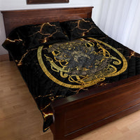 Viking Warrior Guardian Quote Quilt Bed Set Runic Circle Odin Ravens Mythology Dark Gold