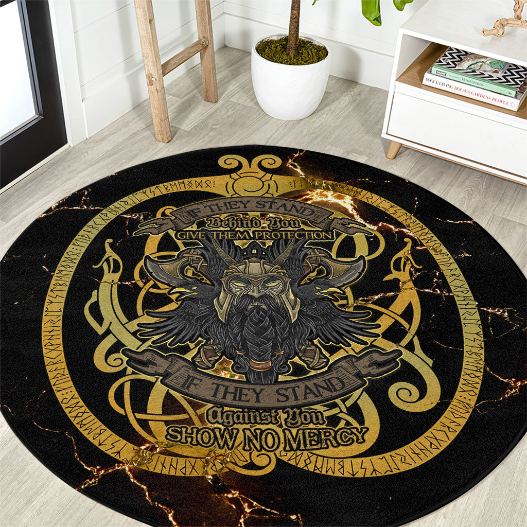 Viking Warrior Guardian Quote Round Carpet Runic Circle Odin Ravens Mythology Dark Gold