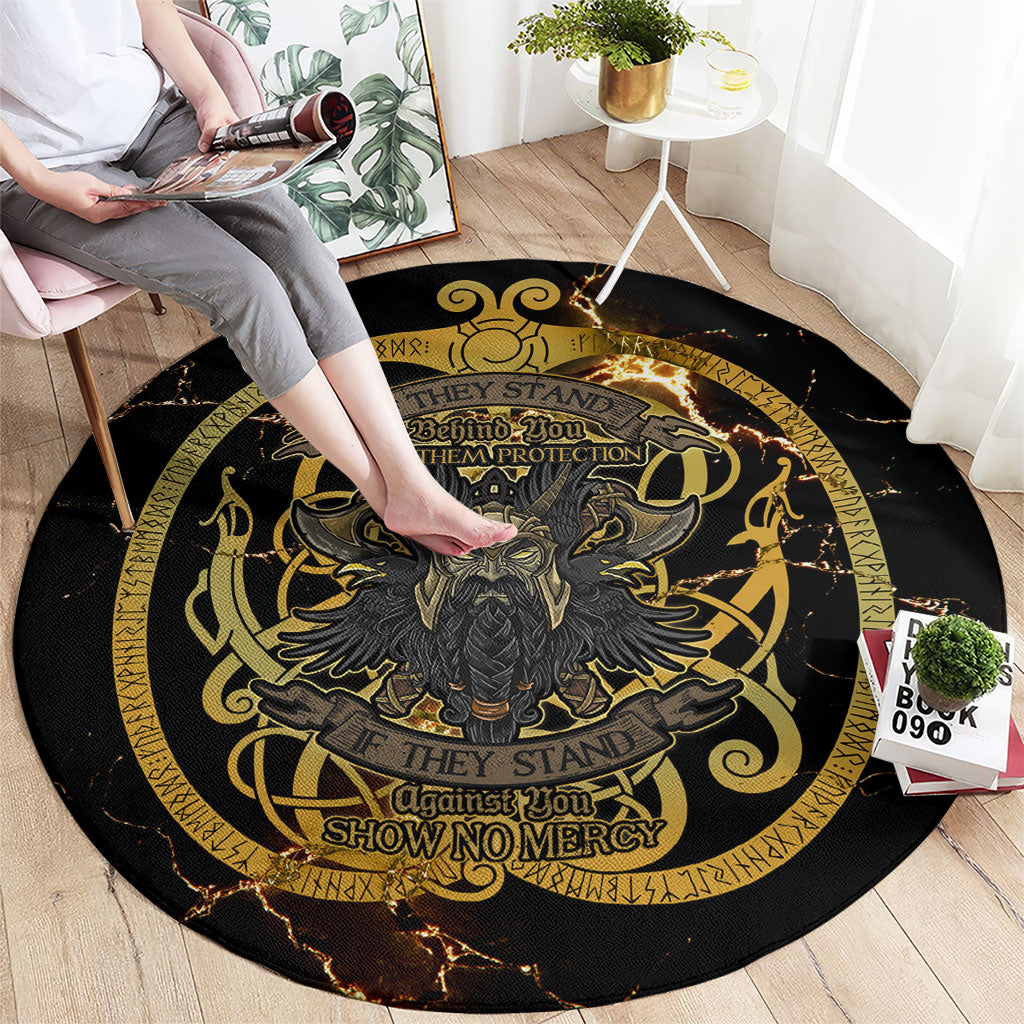 Viking Warrior Guardian Quote Round Carpet Runic Circle Odin Ravens Mythology Dark Gold