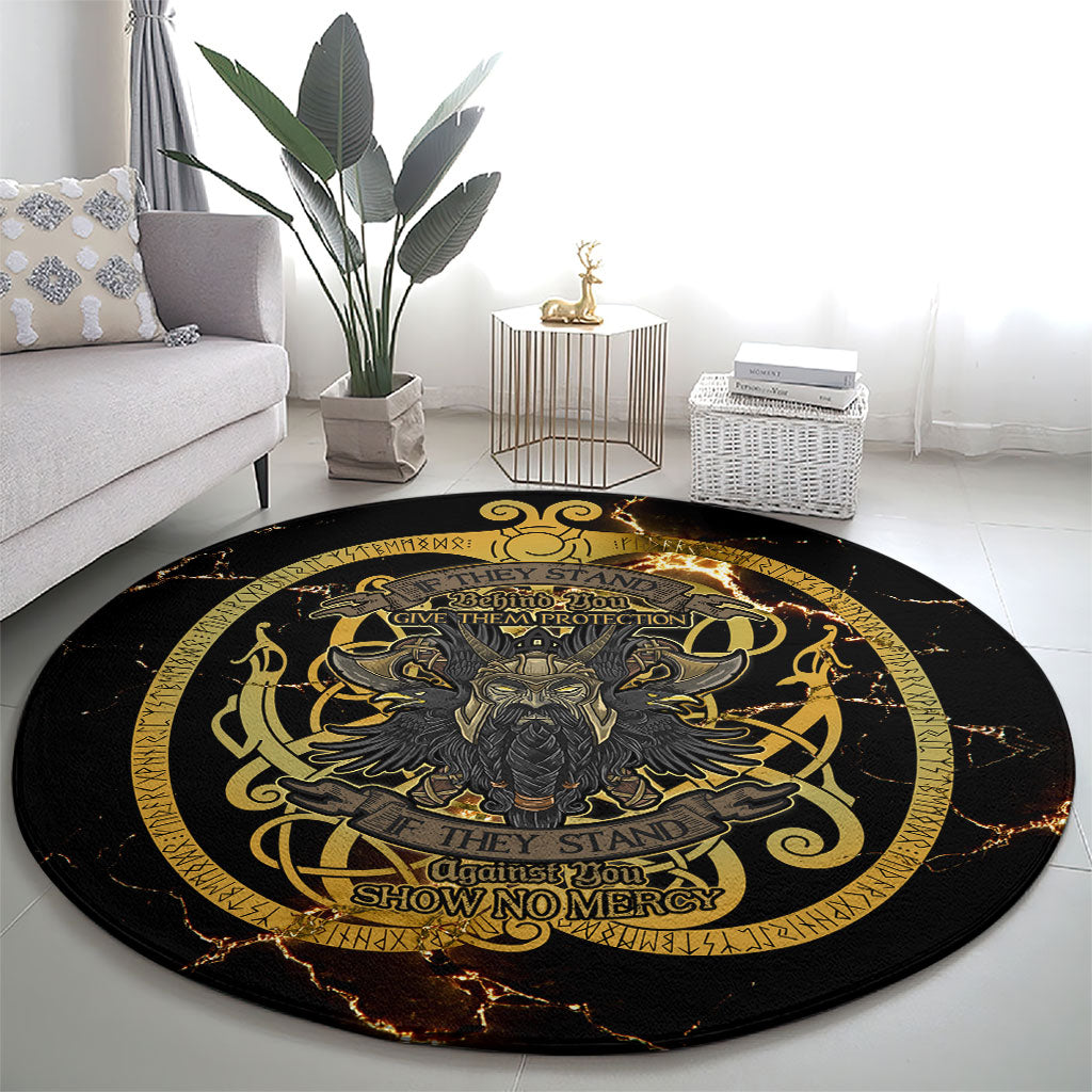 Viking Warrior Guardian Quote Round Carpet Runic Circle Odin Ravens Mythology Dark Gold