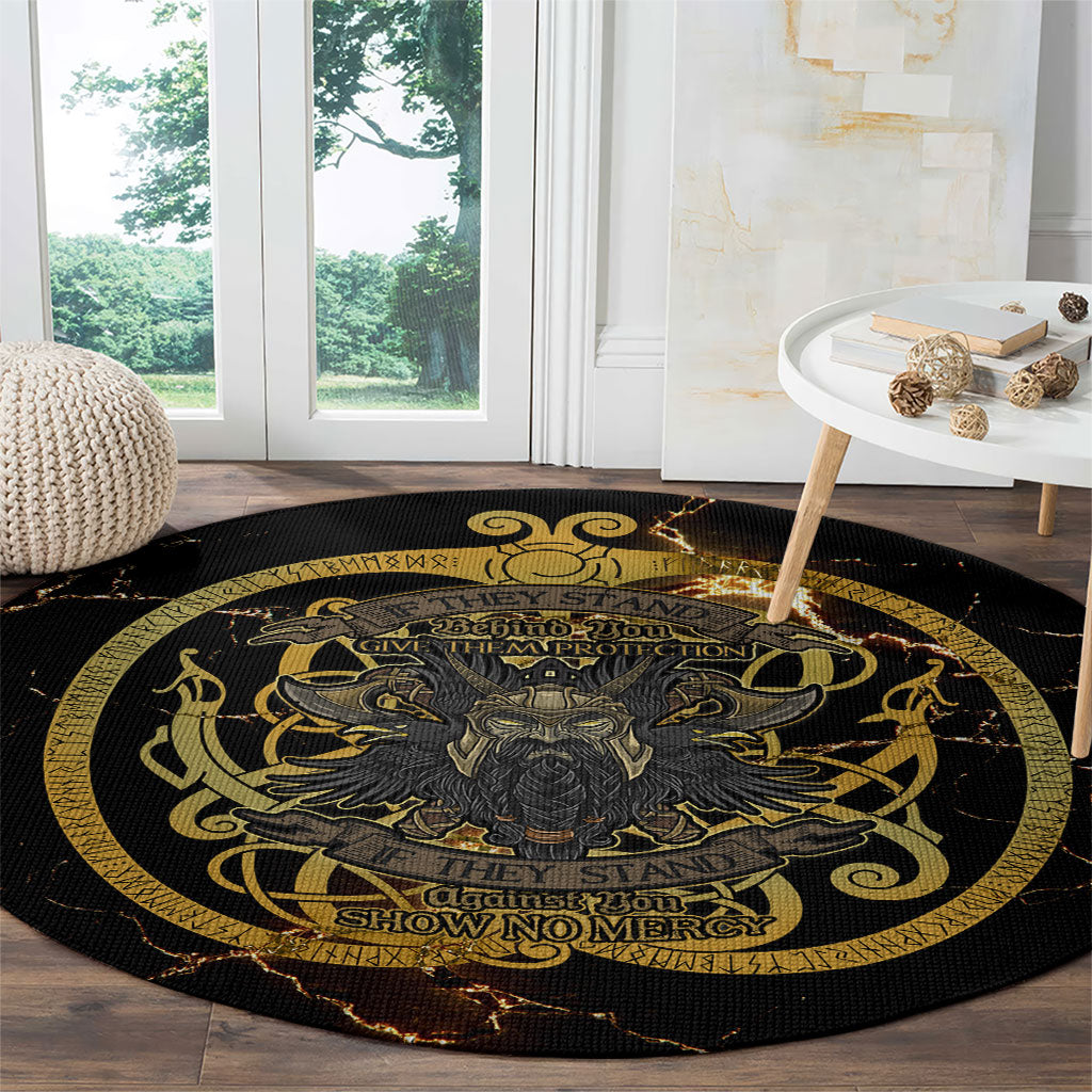 Viking Warrior Guardian Quote Round Carpet Runic Circle Odin Ravens Mythology Dark Gold