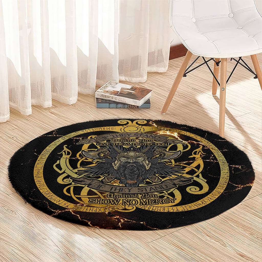 Viking Warrior Guardian Quote Round Carpet Runic Circle Odin Ravens Mythology Dark Gold