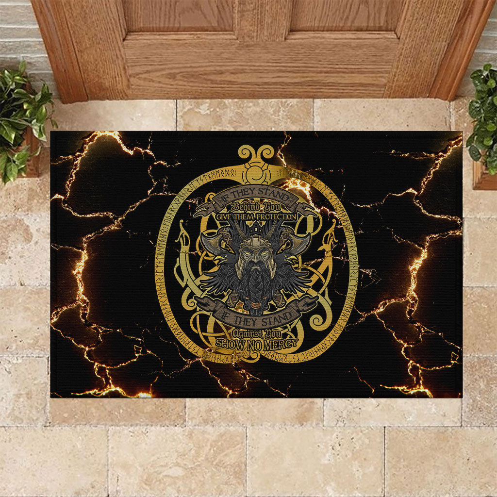 Viking Warrior Guardian Quote Rubber Doormat Runic Circle Odin Ravens Mythology Dark Gold