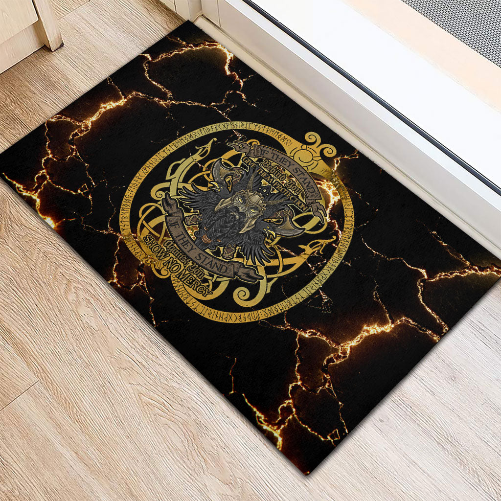 Viking Warrior Guardian Quote Rubber Doormat Runic Circle Odin Ravens Mythology Dark Gold