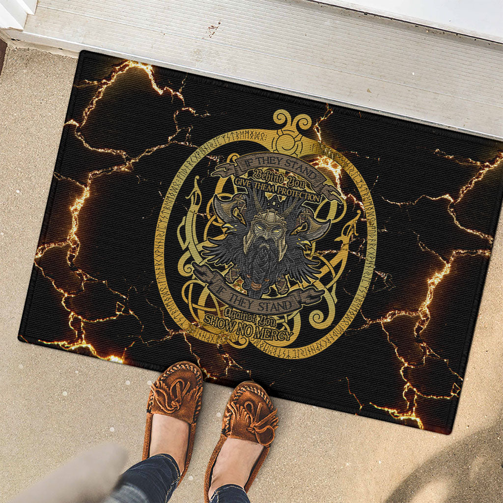 Viking Warrior Guardian Quote Rubber Doormat Runic Circle Odin Ravens Mythology Dark Gold