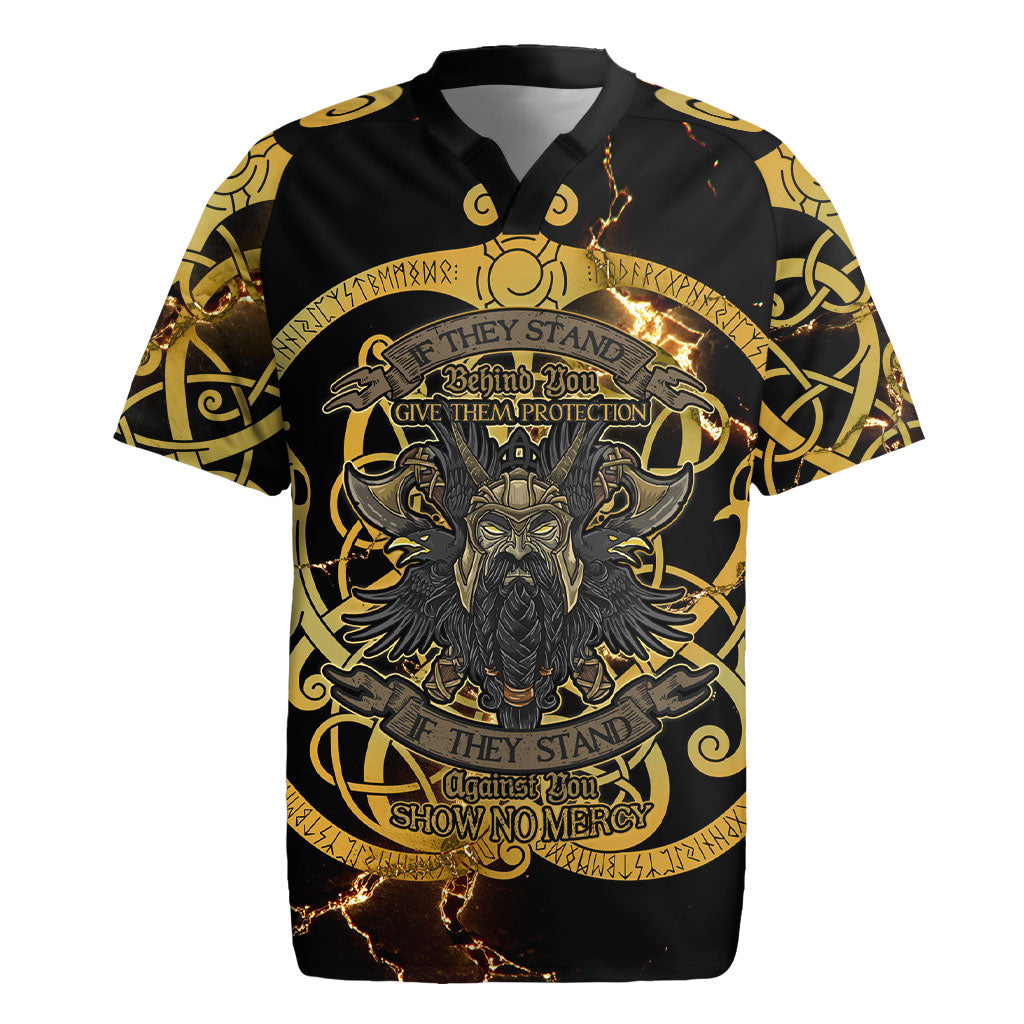Viking Warrior Guardian Quote Rugby Jersey Runic Circle Odin Ravens Mythology Dark Gold