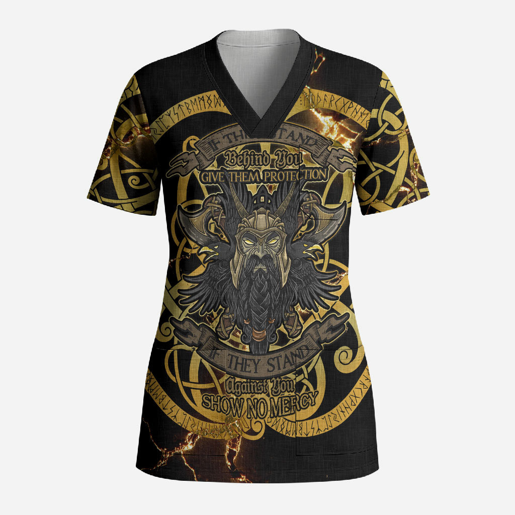 Viking Warrior Guardian Quote Scrub Top Runic Circle Odin Ravens Mythology Dark Gold