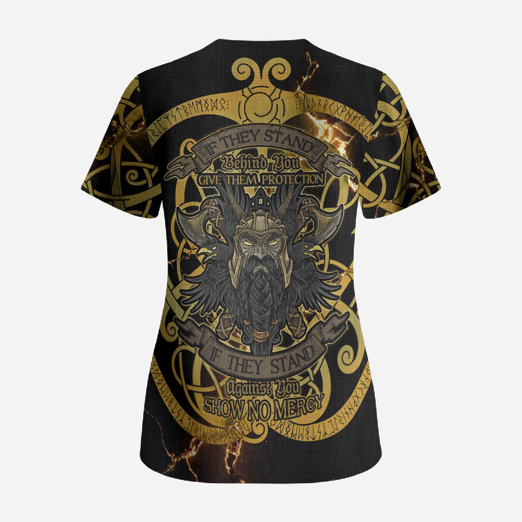 Viking Warrior Guardian Quote Scrub Top Runic Circle Odin Ravens Mythology Dark Gold