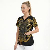 Viking Warrior Guardian Quote Scrub Top Runic Circle Odin Ravens Mythology Dark Gold