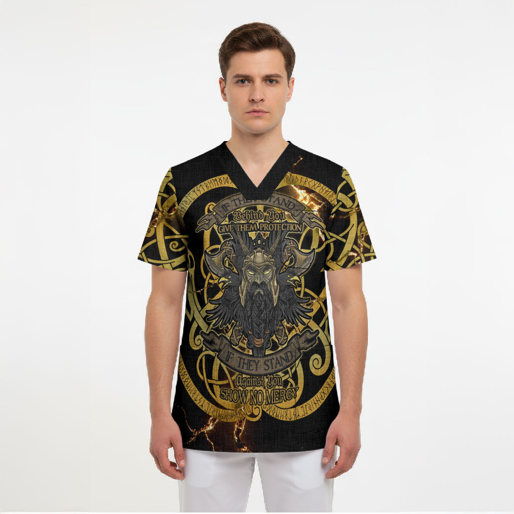 Viking Warrior Guardian Quote Scrub Top Runic Circle Odin Ravens Mythology Dark Gold