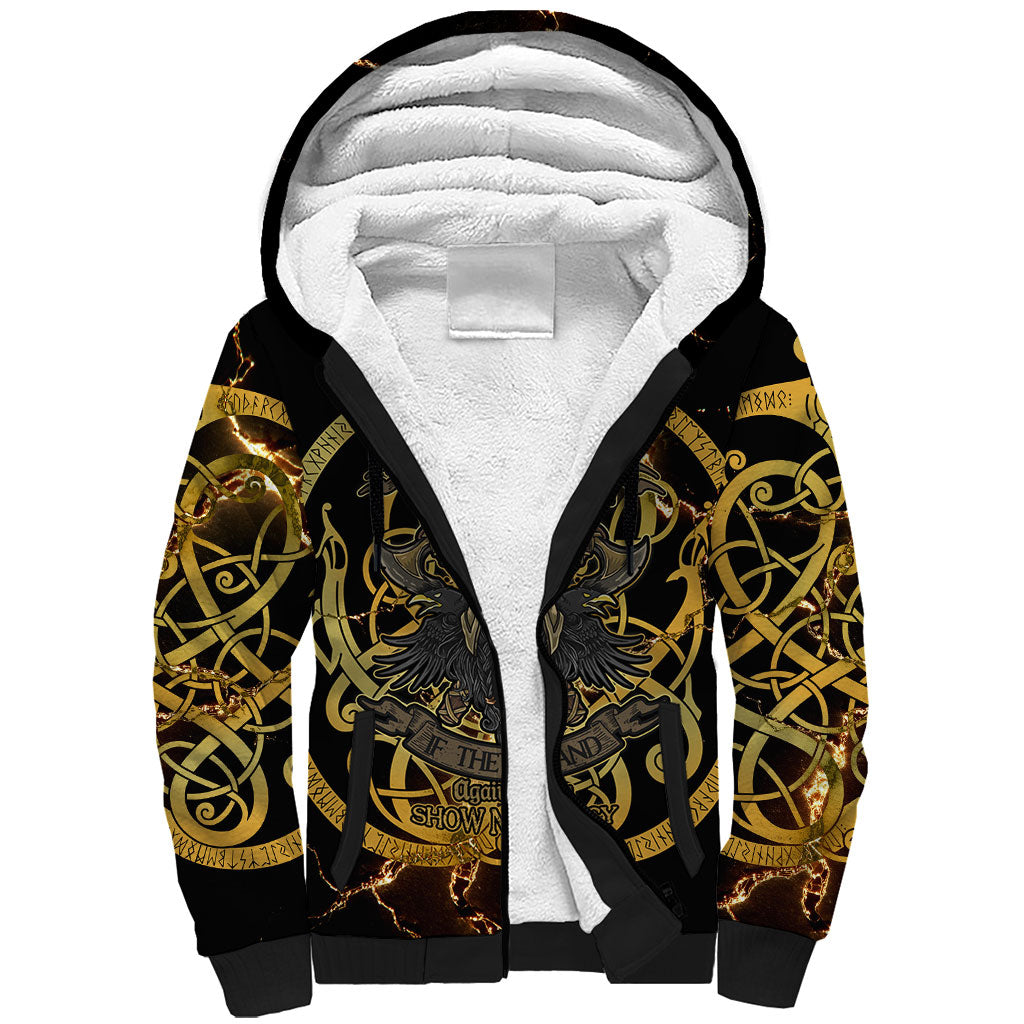 Viking Warrior Guardian Quote Sherpa Hoodie Runic Circle Odin Ravens Mythology Dark Gold
