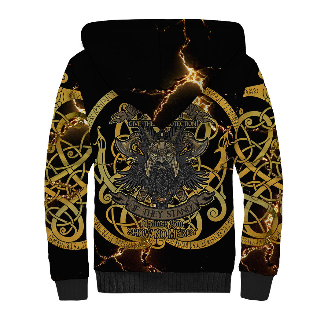 Viking Warrior Guardian Quote Sherpa Hoodie Runic Circle Odin Ravens Mythology Dark Gold