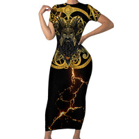 Viking Warrior Guardian Quote Short Sleeve Bodycon Dress Runic Circle Odin Ravens Mythology Dark Gold