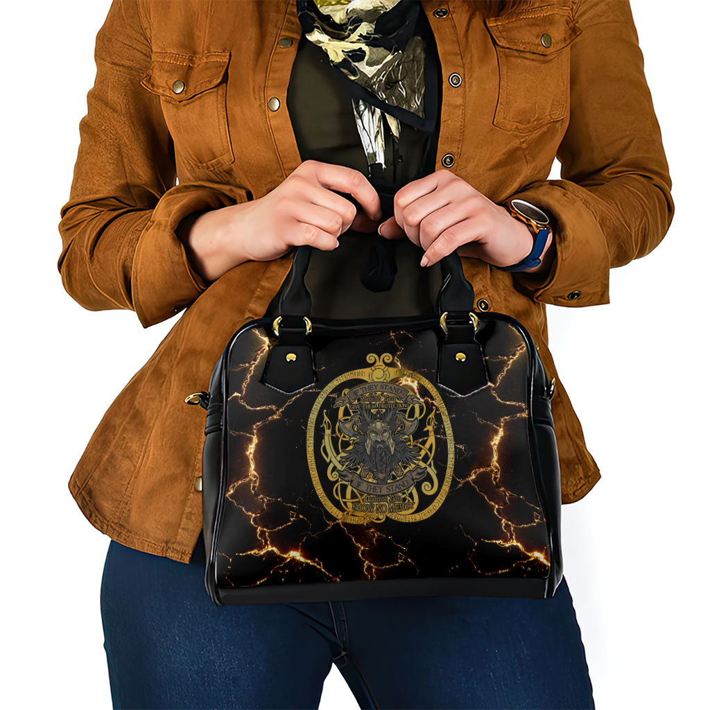Viking Warrior Guardian Quote Shoulder Handbag Runic Circle Odin Ravens Mythology Dark Gold