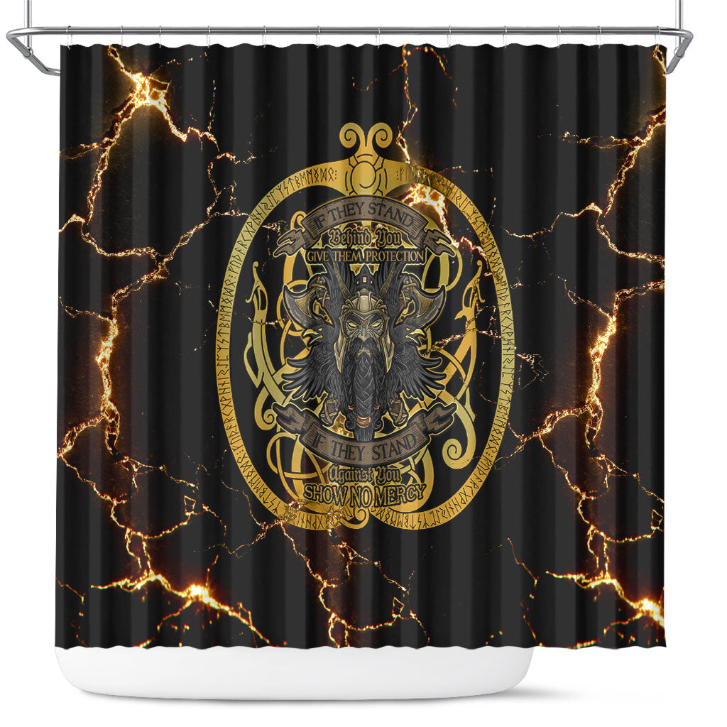 Viking Warrior Guardian Quote Shower Curtain Runic Circle Odin Ravens Mythology Dark Gold
