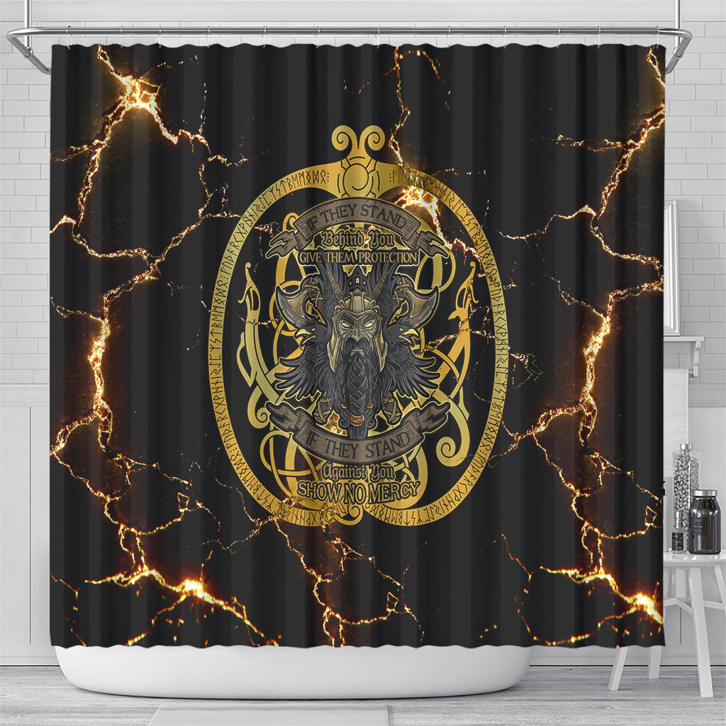 Viking Warrior Guardian Quote Shower Curtain Runic Circle Odin Ravens Mythology Dark Gold
