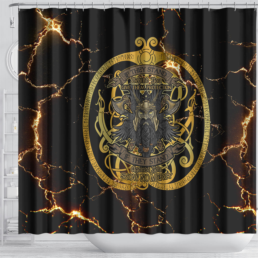 Viking Warrior Guardian Quote Shower Curtain Runic Circle Odin Ravens Mythology Dark Gold