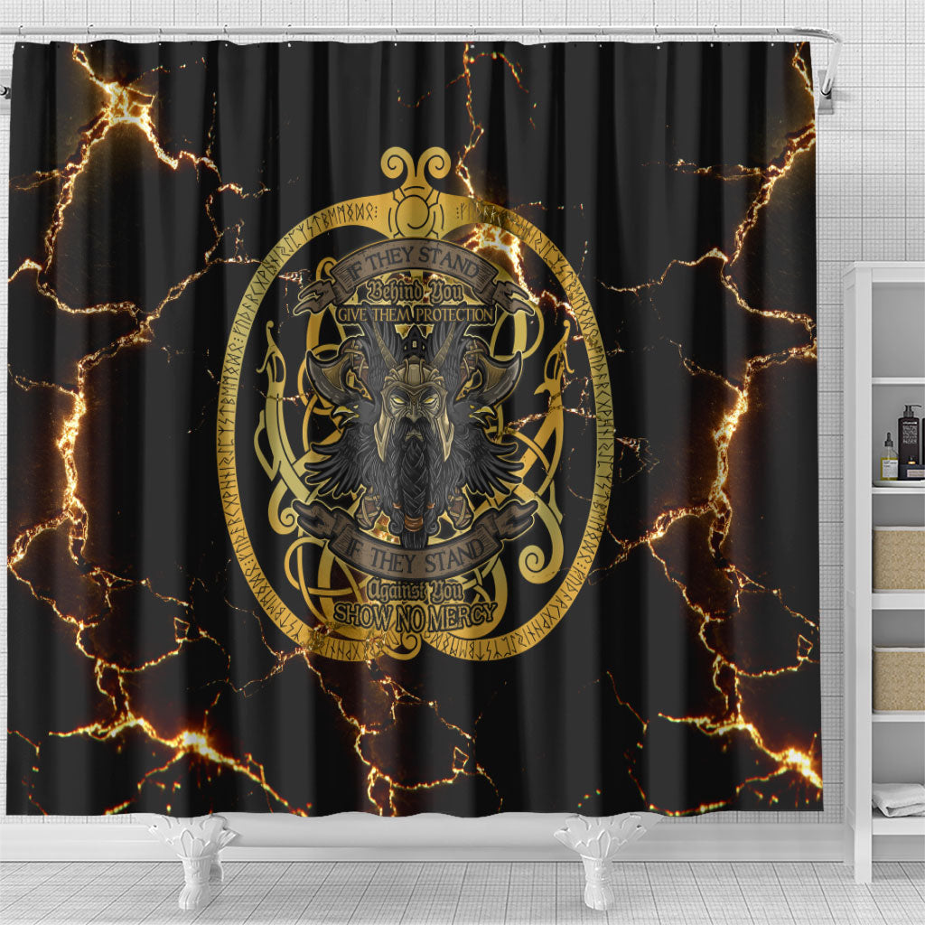 Viking Warrior Guardian Quote Shower Curtain Runic Circle Odin Ravens Mythology Dark Gold