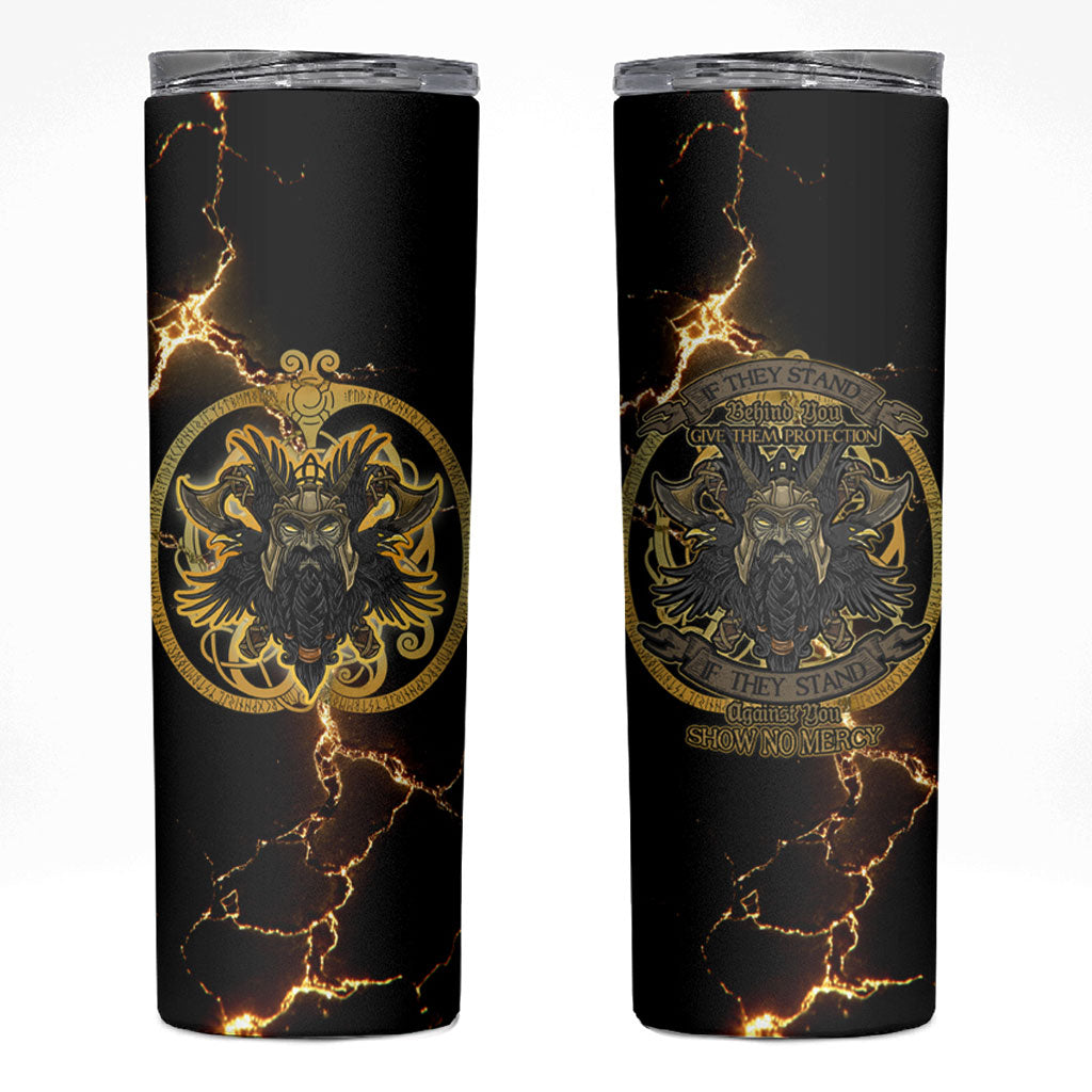 Viking Warrior Guardian Quote Skinny Tumbler Runic Circle Odin Ravens Mythology Dark Gold