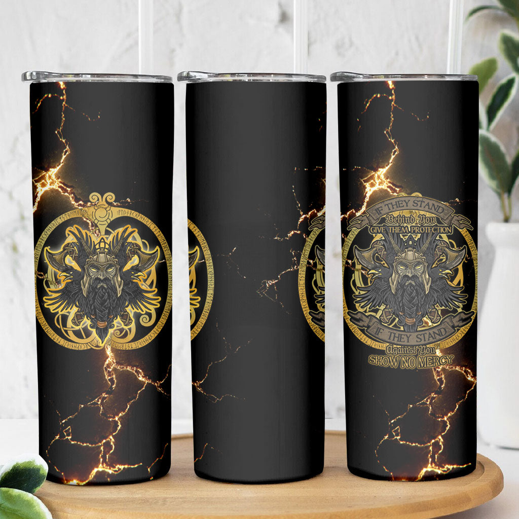 Viking Warrior Guardian Quote Skinny Tumbler Runic Circle Odin Ravens Mythology Dark Gold
