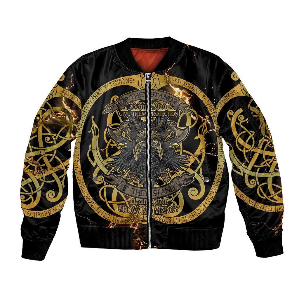 Viking Warrior Guardian Quote Sleeve Zip Bomber Jacket Runic Circle Odin Ravens Mythology Dark Gold