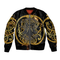Viking Warrior Guardian Quote Sleeve Zip Bomber Jacket Runic Circle Odin Ravens Mythology Dark Gold