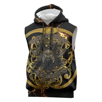 Viking Warrior Guardian Quote Sleeveless Hoodie Runic Circle Odin Ravens Mythology Dark Gold