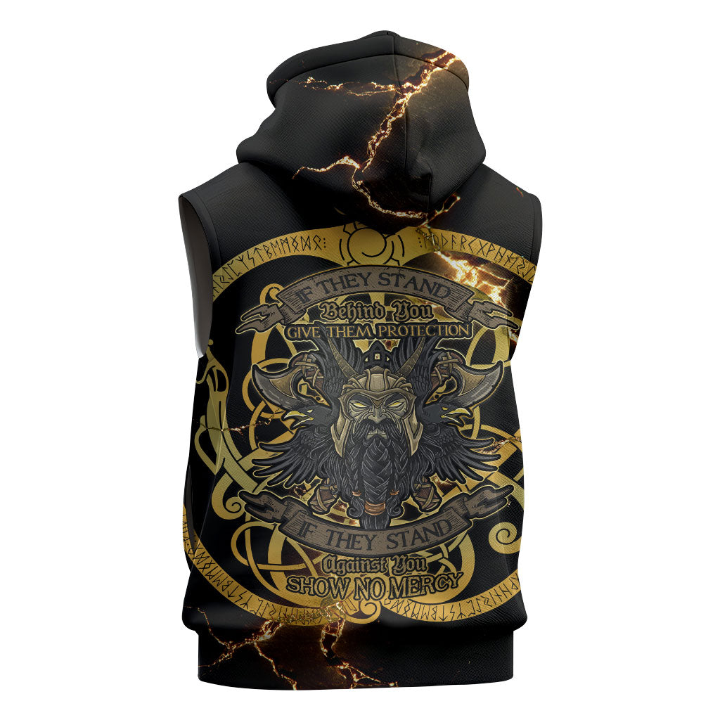 Viking Warrior Guardian Quote Sleeveless Hoodie Runic Circle Odin Ravens Mythology Dark Gold