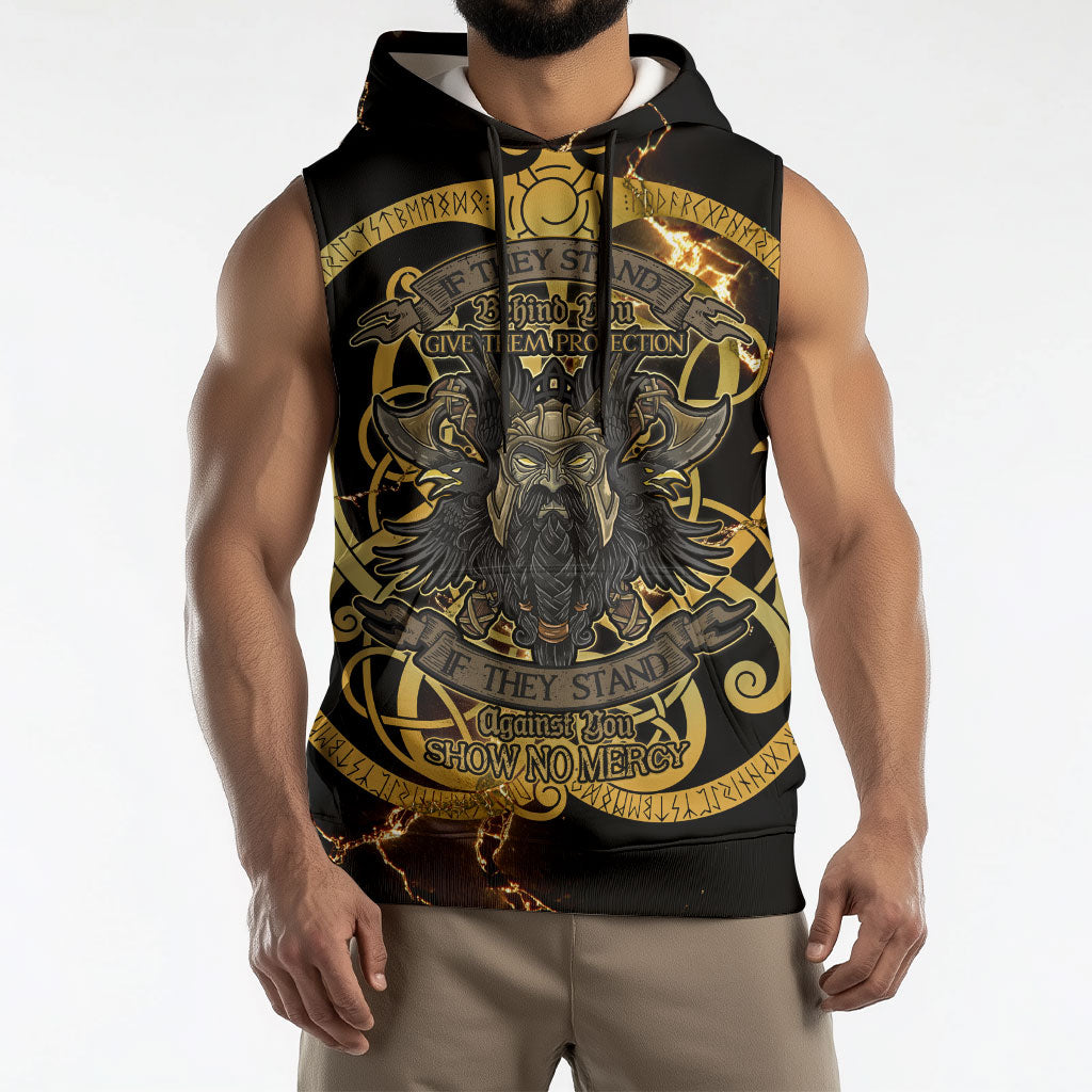 Viking Warrior Guardian Quote Sleeveless Hoodie Runic Circle Odin Ravens Mythology Dark Gold