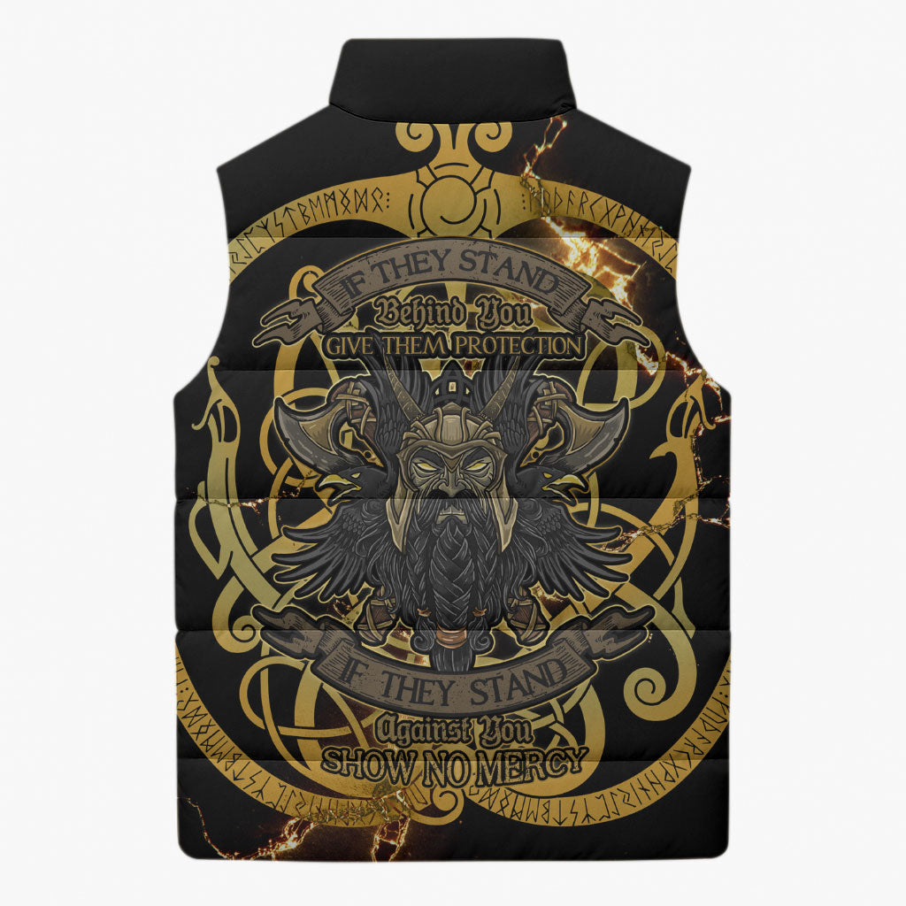 Viking Warrior Guardian Quote Sleeveless Puffer Jacket Runic Circle Odin Ravens Mythology Dark Gold