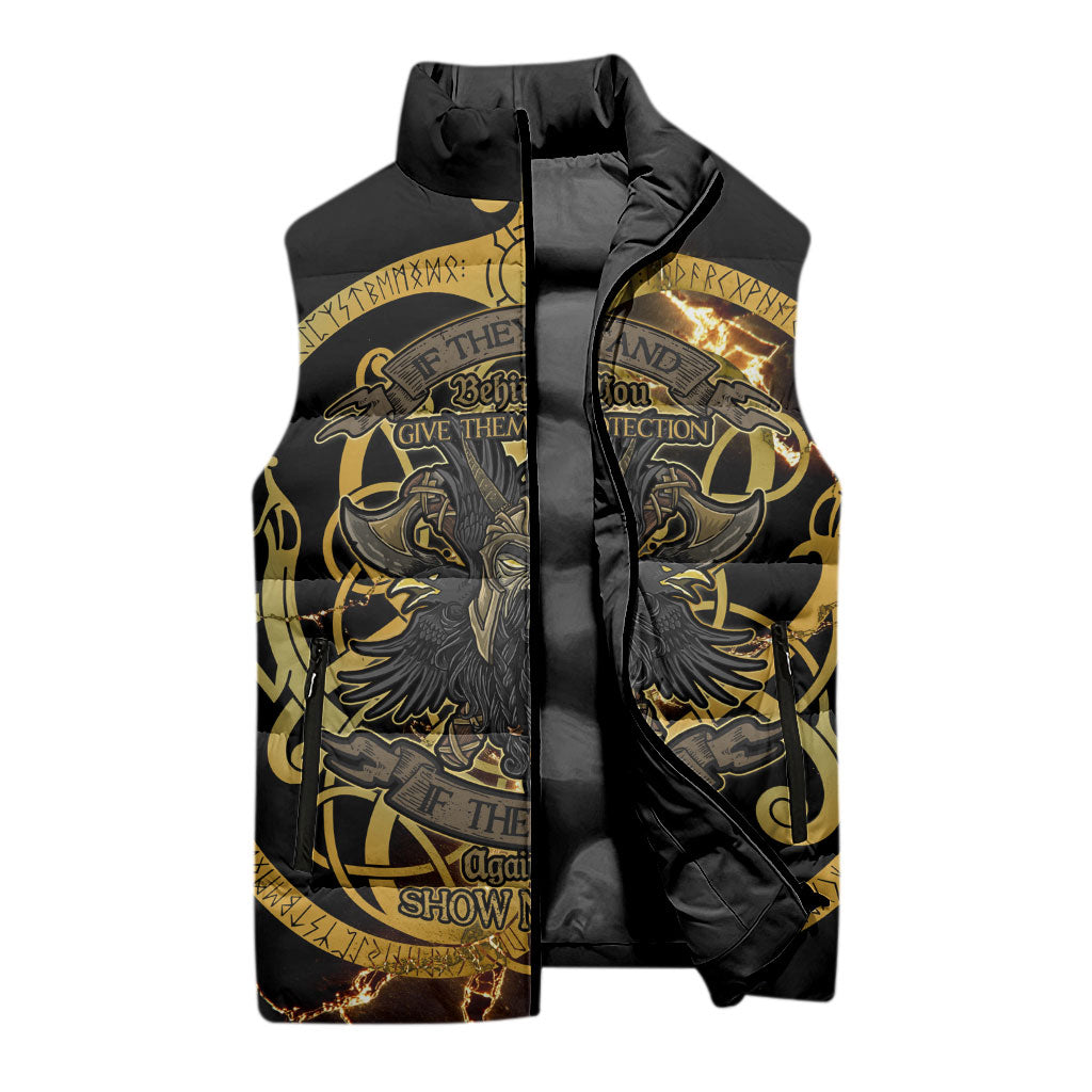 Viking Warrior Guardian Quote Sleeveless Puffer Jacket Runic Circle Odin Ravens Mythology Dark Gold