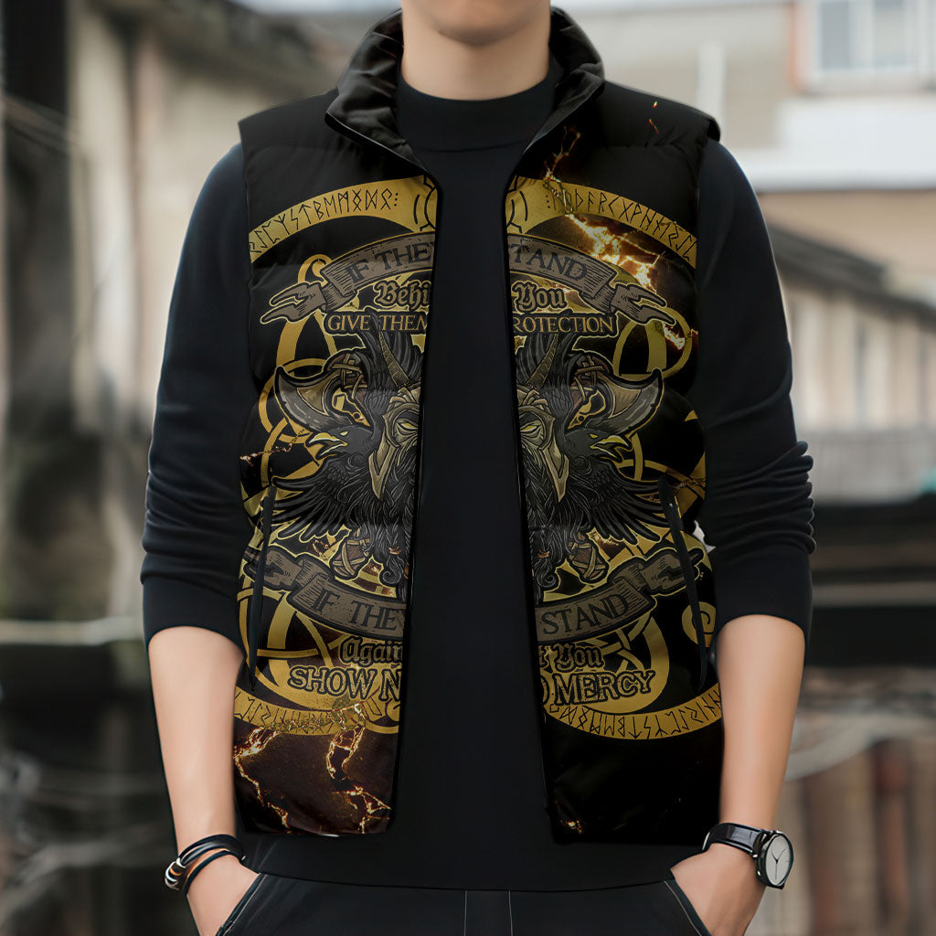 Viking Warrior Guardian Quote Sleeveless Puffer Jacket Runic Circle Odin Ravens Mythology Dark Gold