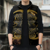 Viking Warrior Guardian Quote Sleeveless Puffer Jacket Runic Circle Odin Ravens Mythology Dark Gold