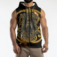 Viking Warrior Guardian Quote Sleeveless Zip Hoodie Runic Circle Odin Ravens Mythology Dark Gold