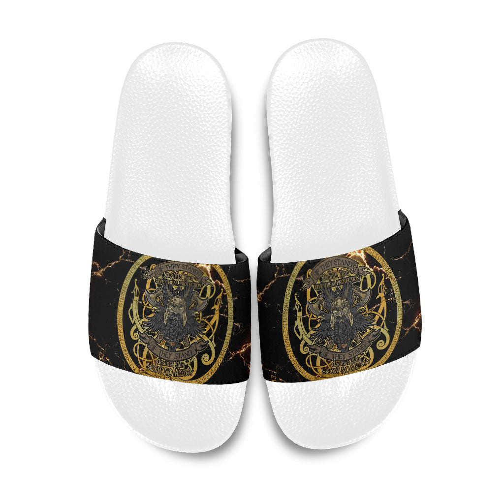 Viking Warrior Guardian Quote Slide Sandals Runic Circle Odin Ravens Mythology Dark Gold