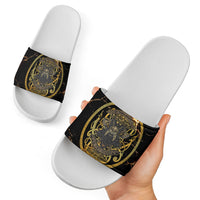 Viking Warrior Guardian Quote Slide Sandals Runic Circle Odin Ravens Mythology Dark Gold