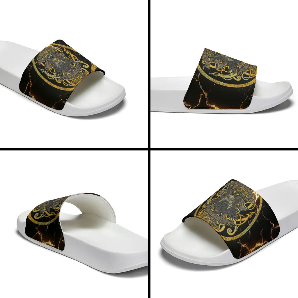 Viking Warrior Guardian Quote Slide Sandals Runic Circle Odin Ravens Mythology Dark Gold