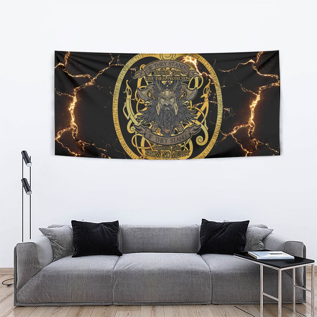 Viking Warrior Guardian Quote Tapestry Runic Circle Odin Ravens Mythology Dark Gold
