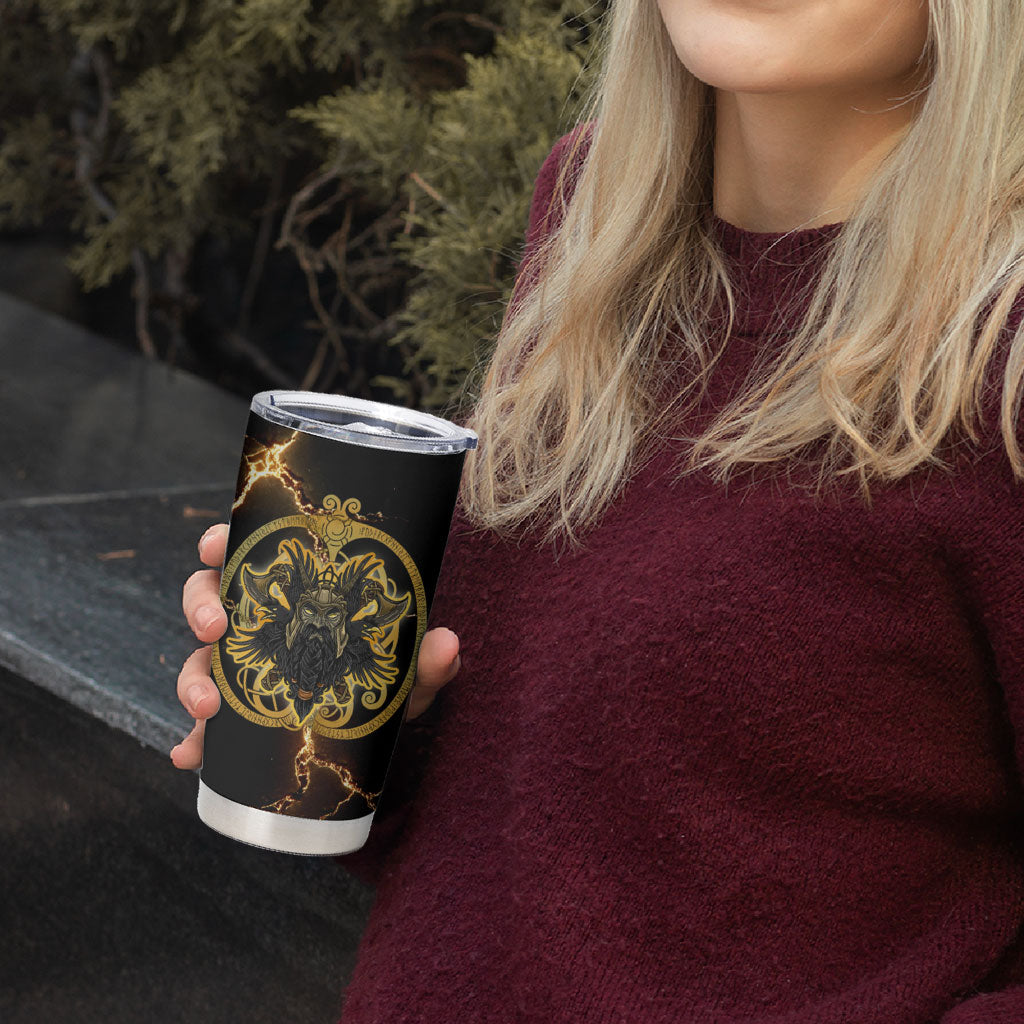 Viking Warrior Guardian Quote Tumbler Cup Runic Circle Odin Ravens Mythology Dark Gold